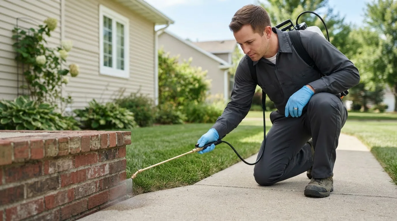 Pest control technician treating a home near North Matewan, WV